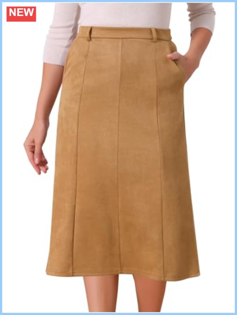 Faux Suede High Waist A-Line Midi Skirt Stretchy Work